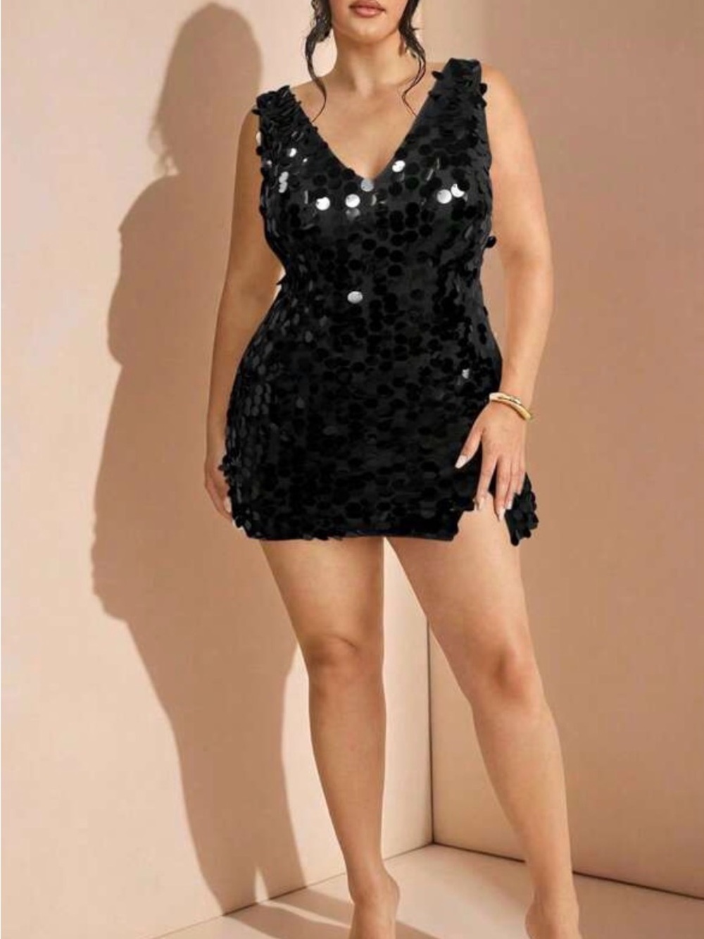 SHEIN Black Sequin V-Neck Mini Dress